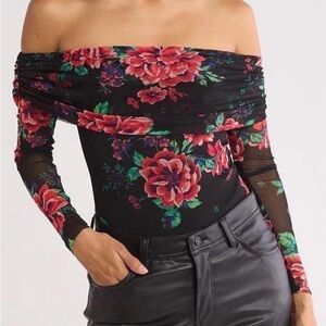 AFRM Black Off-Shoulder Floral Bodysuit with Red & Green Print